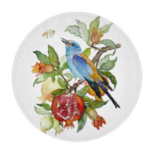 Blaue Vogel unter Granatäpfeln Aquarell-Botanik Schneidebrett