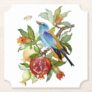 Blaue Vogel unter Granatäpfeln Aquarell-Botanik Untersetzer