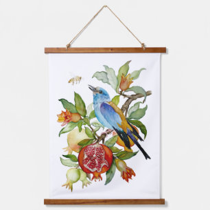 Blaue Vogel unter Granatäpfeln Aquarell-Botanik Wandteppich Mit Holzrahmen