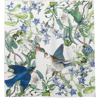 Blaue Vogel-Vögel-Prächtige Trichterwinde-Blumen-D Duschvorhang