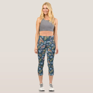 Blaue Vögel Wasserfarben Muster Capri Leggings