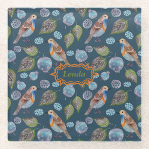 Blaue Vögel Wasserfarben Muster Glasuntersetzer