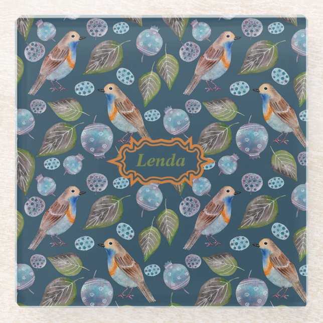 Blaue Vögel Wasserfarben Muster Glasuntersetzer (Vorderseite)