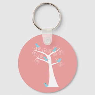 Blaue Vögel Whimsical Nature Baum Rosa Hintergrund Schlüsselanhänger