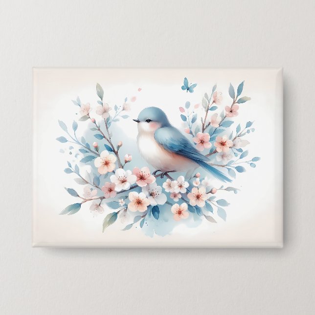 Blaue Vogelblüten-Aquarell Serenität Button (Vorderseite)