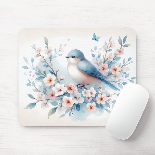 Blaue Vogelblüten-Aquarell Serenität Mousepad (Mit Mouse)