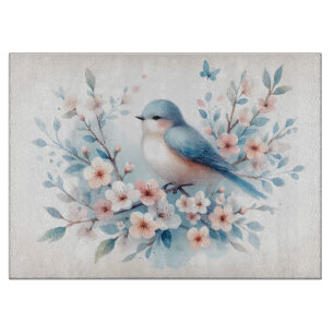 Blaue Vogelblüten-Aquarell Serenität Schneidebrett