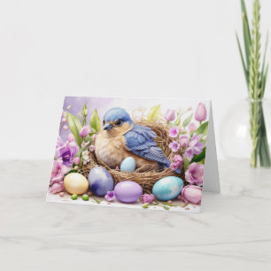 Blaue Vogelnest- und Ostereier, Blumen  Feiertagskarte