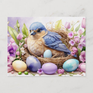 Blaue Vogelnester und Ostereier, Blumen  Feiertagspostkarte