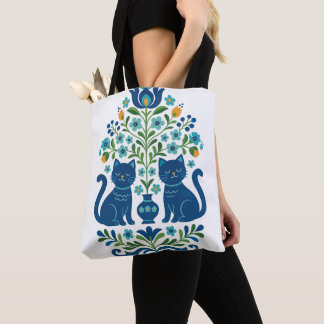 Blaue Volkskunstkatzen – Whimsical Floral Cat Desi