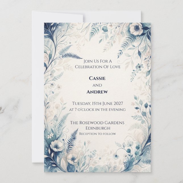 Blaue Wald-Farn-Anemone-Hochzeit Einladung (Vorderseite)