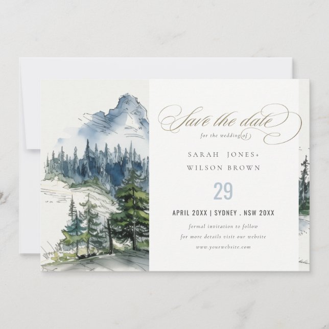 Blaue Wälder Landschaft Sketch Hochzeit Save The Date (Vorderseite)