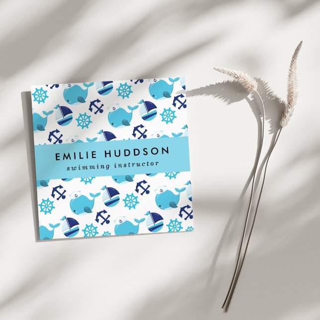 Blaue Wale, Schwimmlehrer, Schwimmlehrer Quadratische Visitenkarte (Von Creator hochgeladen)