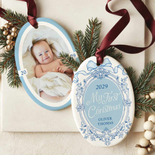 Blaue Wappen-Schleife Erstes Weihnachtsfoto-Orname Keramik Ornament