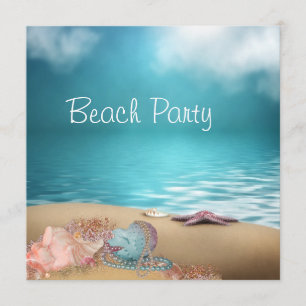 Blaue Wasser Muscheln Sand Strandparty Einladung