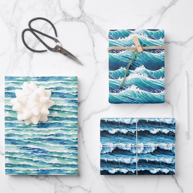 Blaue Wasser-/Waves-Muster Umhüllungsblätter Geschenkpapier Set (Vorderseite)