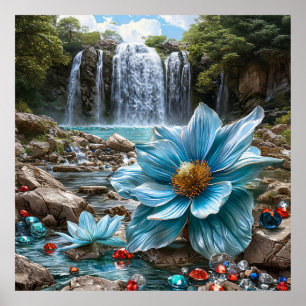 🌊 Blaue Wasserfall blühende Blumen Natur Serenitä Poster