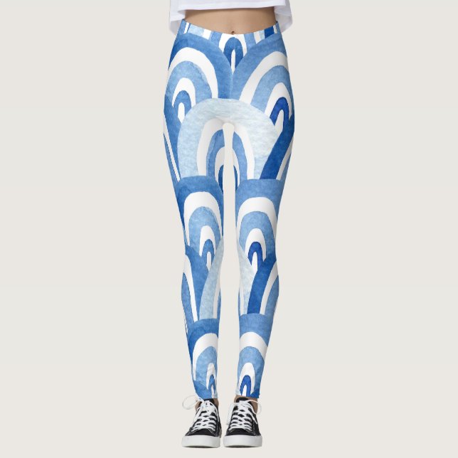 Blaue Wasserfarbe: Abstrakte Meereswellen Leggings (Vorderseite)