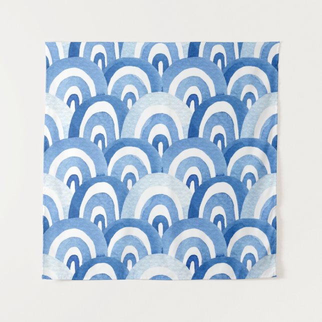 Blaue Wasserfarbe: Abstrakte Meereswellen Wandteppich (Vorderseite)