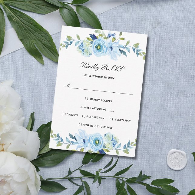 Blaue Wasserfarbe Blütenfarben Elegante Hochzeit RSVP Karte (Blue green Floral Watercolor Wedding RSVP card)