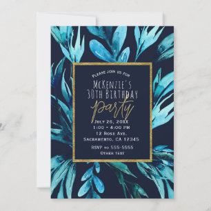 Blaue Wasserfarbe Botanische Glam Geburtstagsparty Einladung