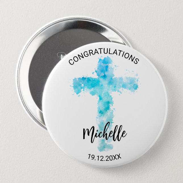 Blaue Wasserfarbe Christliche Kreuztaufe Button (Vorne & Hinten)