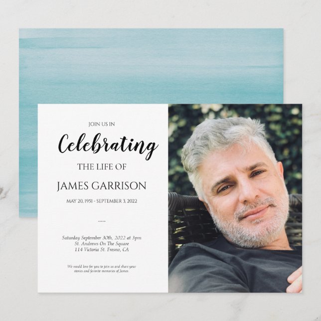 Blaue Wasserfarbe Feier des Lebens mit Foto Einladung (Vorne/Hinten)