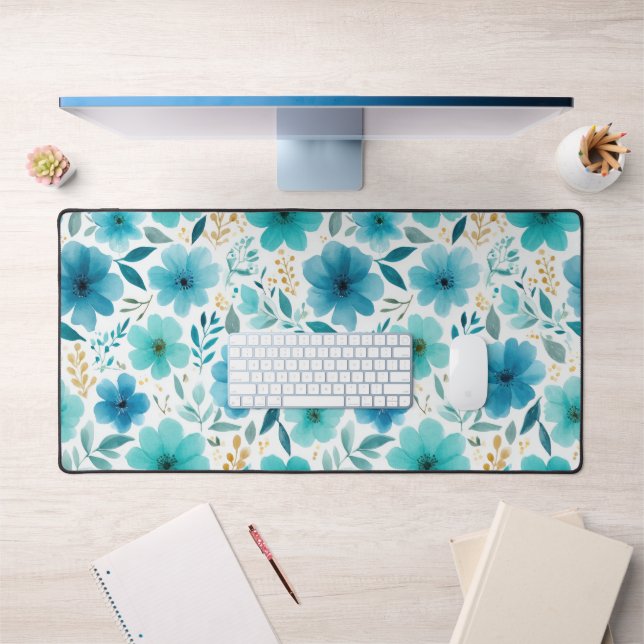 Blaue Wasserfarbe Frühlingsblumen Elegante Blumen Schreibtischunterlage (Büro 1)