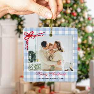Blaue Wasserfarbe Gingham Weihnachtsfoto Keramikornament