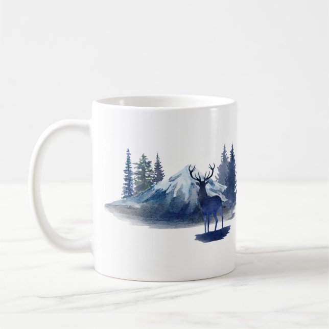 Blaue Wasserfarbe Hirsche Weihnachtszene Kaffeepau Kaffeetasse (Links)