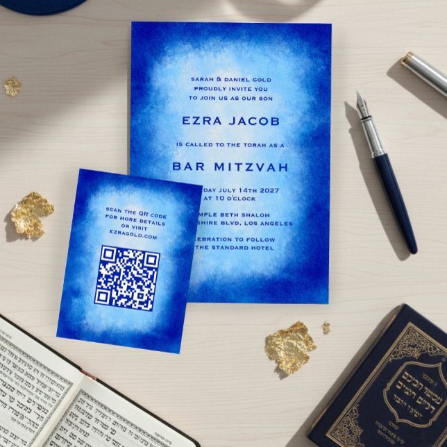 Blaue Wasserfarbe Individuelle QR-Code Bar/Bat Miz Begleitkarte (Blue Watercolor Custom QR Code Bar Bat Mitzvah Enclosure Card
)