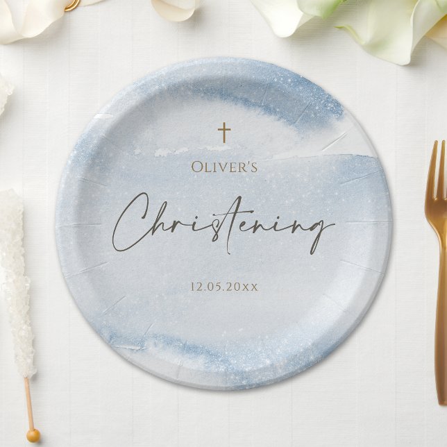 Blaue Wasserfarbe-Jungen-Tauf-Papierplatten Pappteller (Blue Watercolor Boy Christening Paper Plates)