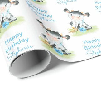Blaue Wasserfarbe Kleine Kuh Geschenkpapier