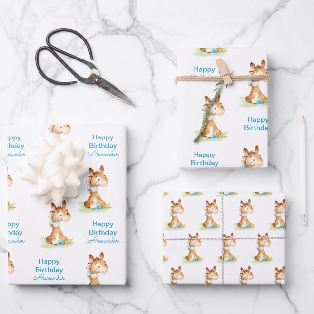 Blaue Wasserfarbe Kleines Pferd Geschenkpapier Set (Vorderseite)