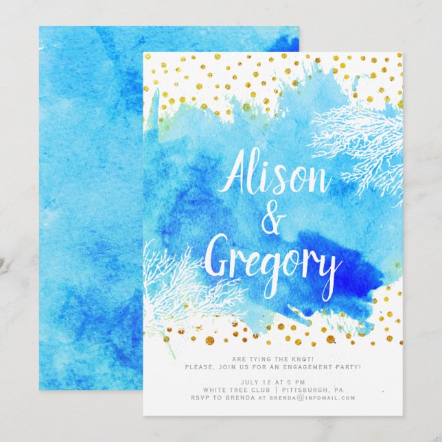 Blaue Wasserfarbe, Korallenriff Confetti-Verlobung Einladung (Vorne/Hinten)