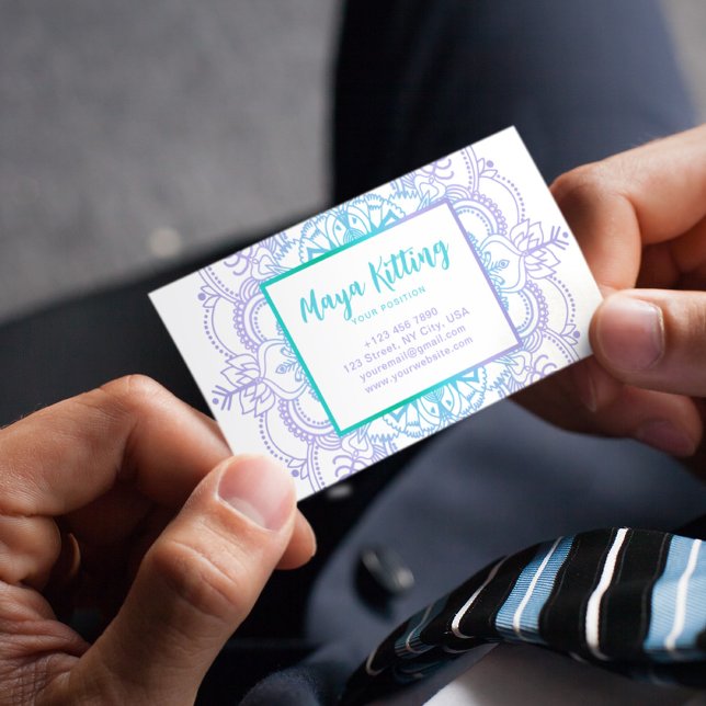 Blaue Wasserfarbe Mandala Elegante Damask Blumente Visitenkarte (Von Creator hochgeladen)