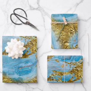 Blaue Wasserfarbe Marmor & Goldfolie Geschenkpapier Set