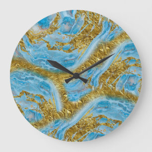 Blaue Wasserfarbe Marmor & Goldfolie Große Wanduhr