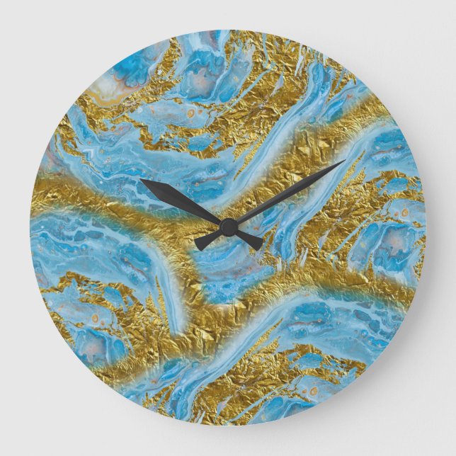 Blaue Wasserfarbe Marmor & Goldfolie Große Wanduhr (Vorderseite)
