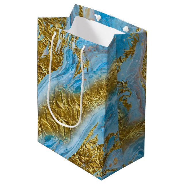 Blaue Wasserfarbe Marmor & Goldfolie Mittlere Geschenktüte (Vorderseite Schrägansicht)