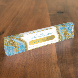 Blaue Wasserfarbe Marmor & Goldfolie Namensplakette