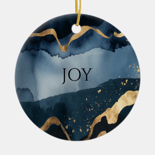 Blaue Wasserfarbe mit Goldflecken Keramik Ornament (Vorne)