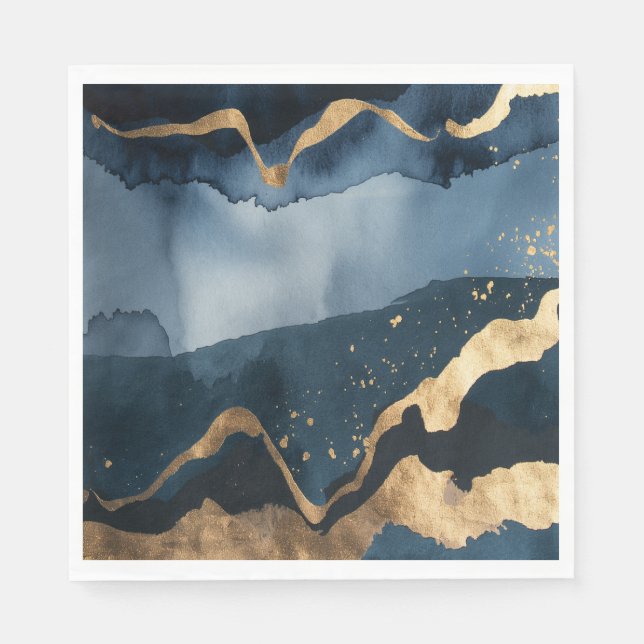 Blaue Wasserfarbe mit Goldflecken Serviette (Vorderseite)