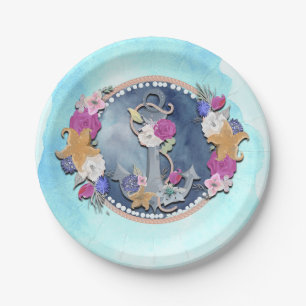 Blaue Wasserfarbe Moderne Nautische Florale Anker Pappteller