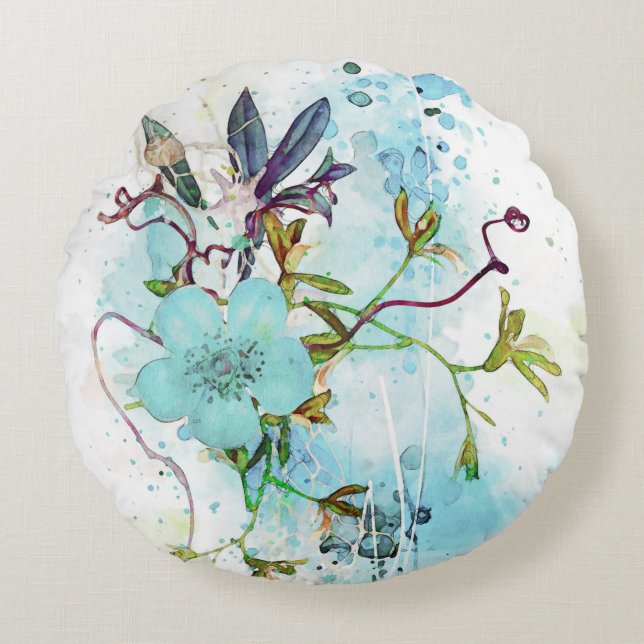 Blaue Wasserfarbe Pastell Blütenblüte Rundes Kissen (Vorderseite)