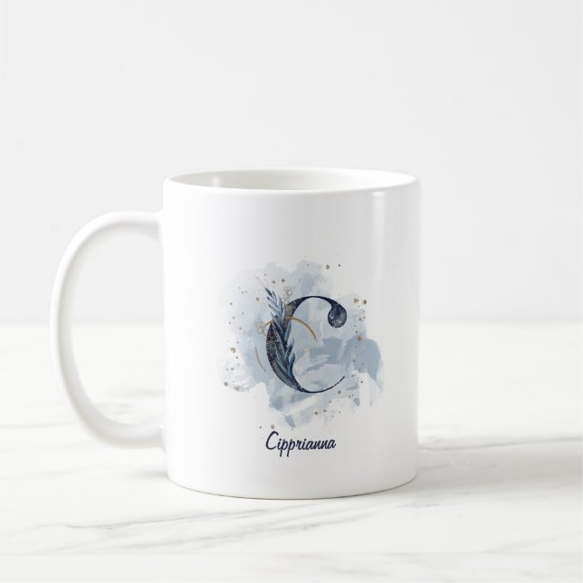 Blaue Wasserfarbe personalisierter Name Buchstabe  Kaffeetasse (Links)