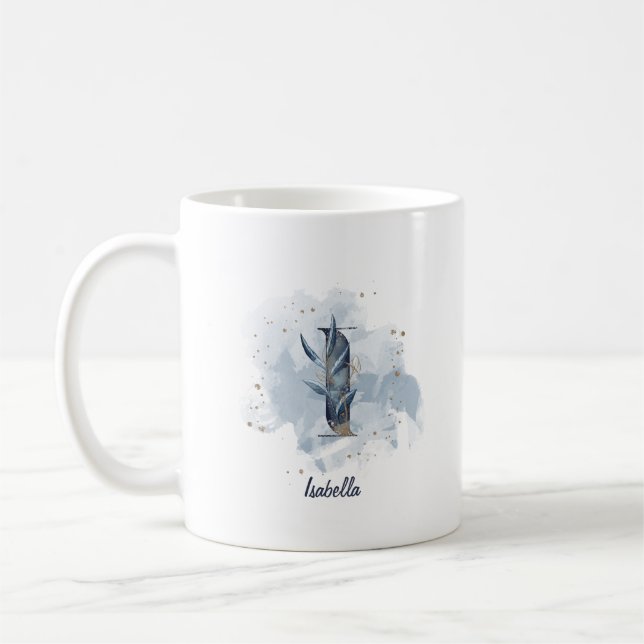 Blaue Wasserfarbe personalisierter Name Buchstabe  Kaffeetasse (Links)