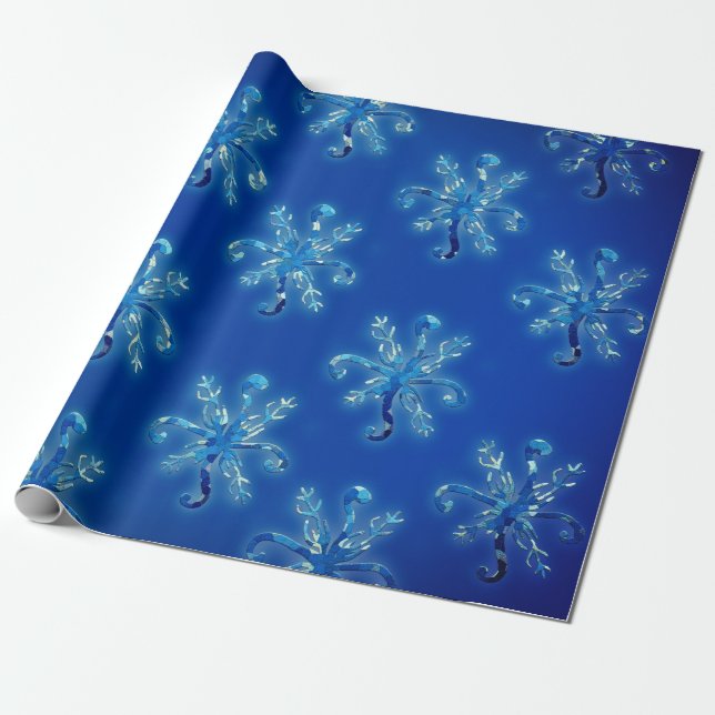 Blaue Wasserfarbe Schneeflocken Geschenkpapier (Ungerollt)