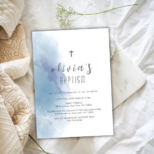 Blaue Wasserfarbe Schwarzes Kreuz Christening Tauf Einladung