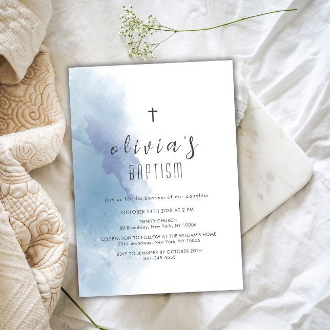 Blaue Wasserfarbe Schwarzes Kreuz Christening Tauf Einladung (Blue Watercolor Black Cross Christening Baptism Invitation)